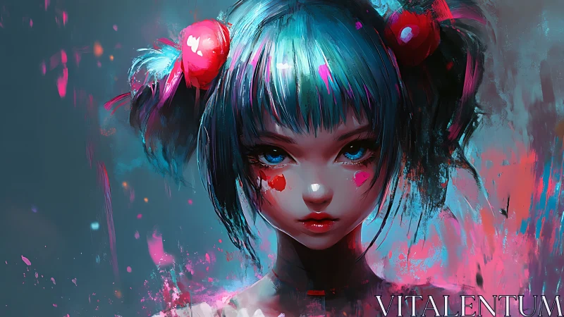 Electric-haired girl emerges from neon brushstrokes in silence.