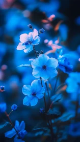 Delicate blue flowers bloom among soft bokeh lights.