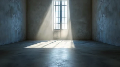 Soft morning light filling a quiet, empty concrete room.