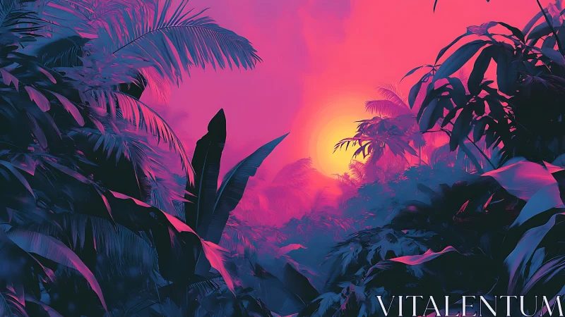 Neon sunset filtering through dense tropical foliage.