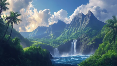 Lush emerald cliffs and misty waterfalls by a quiet sea.