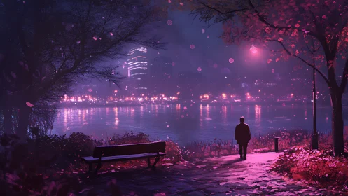 Solitary figure beside neon river under violet city glow.