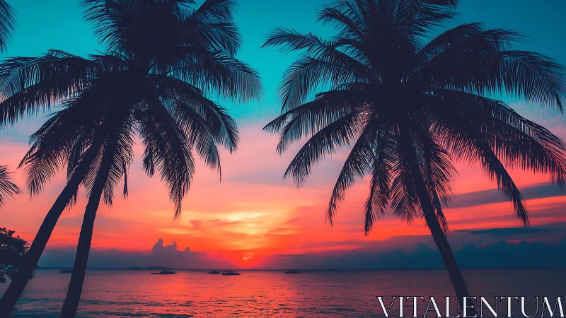 Tropical palm silhouettes frame neon sunset horizon seascape.