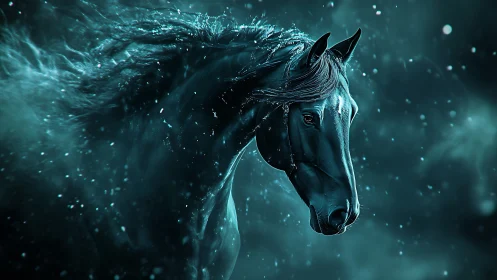 Dark horse portrait in teal mist with particle effects.