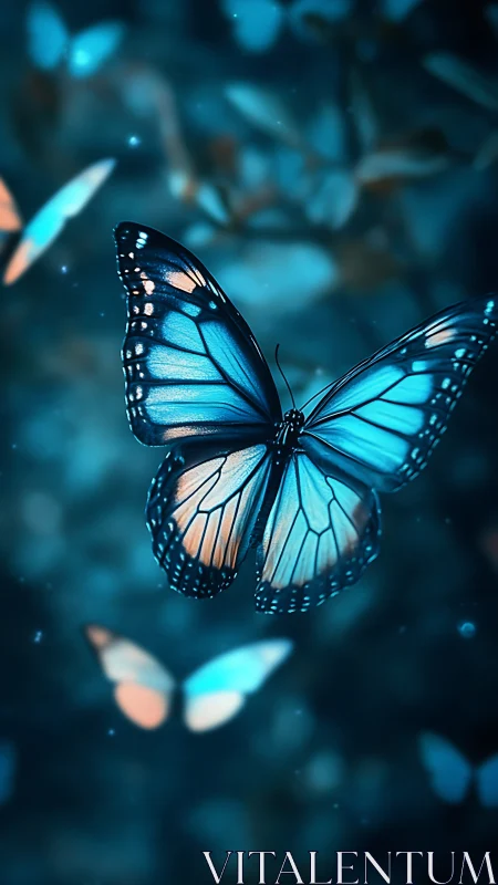 Blue butterfly in cool-toned bokeh forest scene.