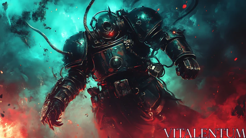 Heavily armored sci fi soldier in fiery energy field.