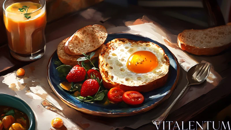 Sunny side up breakfast glows in warm painterly light