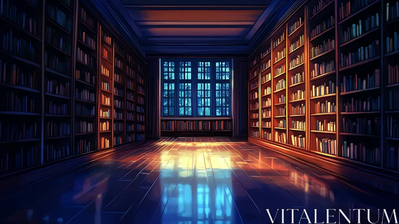 Large library interior with bookshelves and central window.