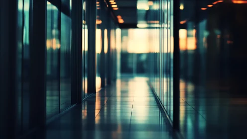 Quiet glass corridor glowing with soft evening reflections.