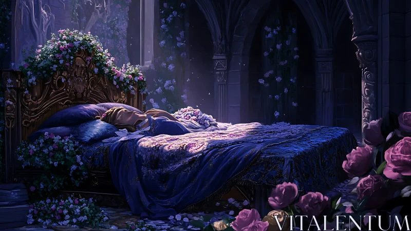 Ornate canopy bed in moonlit stone chamber with flowers.