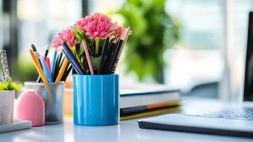 Creative desktop workspace with flowers and colorful tools.