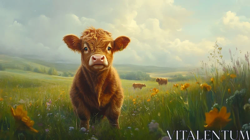Young brown calf stands in flowered meadow under bright sky