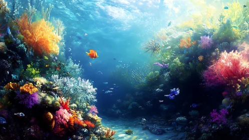 Digital painting of luminous coral reef with centralized depth focus.