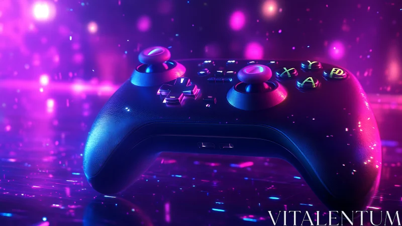 Neon gaming controller submerged in luminescent particle field