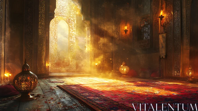 Golden light pours into an ornate Middle Eastern chamber