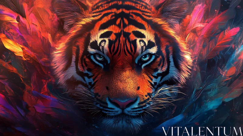 Vibrant tiger portrait emerges from glowing abstract feathers
