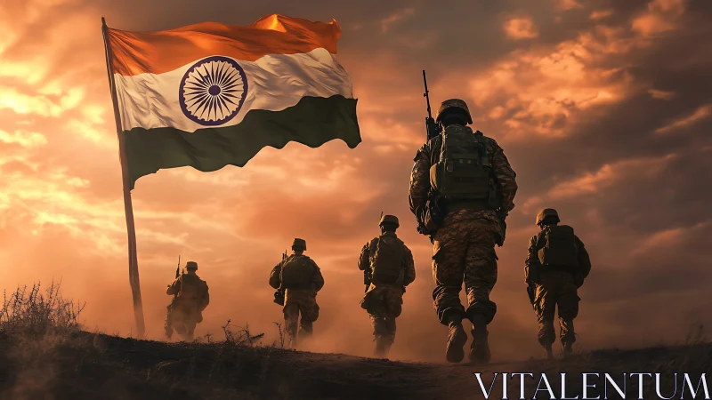 Indian soldiers march beneath flag at dramatic sunset sky