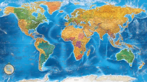 World political map illustrates countries and oceanic relief