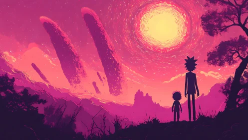 Silhouetted travelers gaze at a neon alien sky in awe