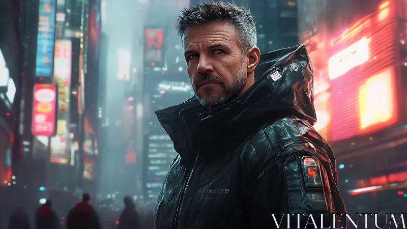 Night city wanderer pauses beneath neon lights and soft rain