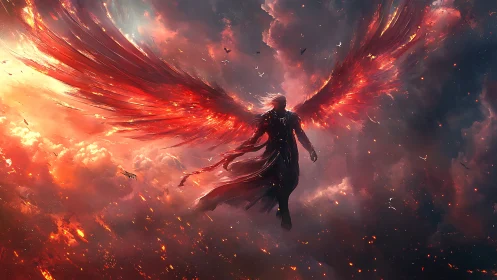 Fiery winged entity ascends through apocalyptic cloudscape