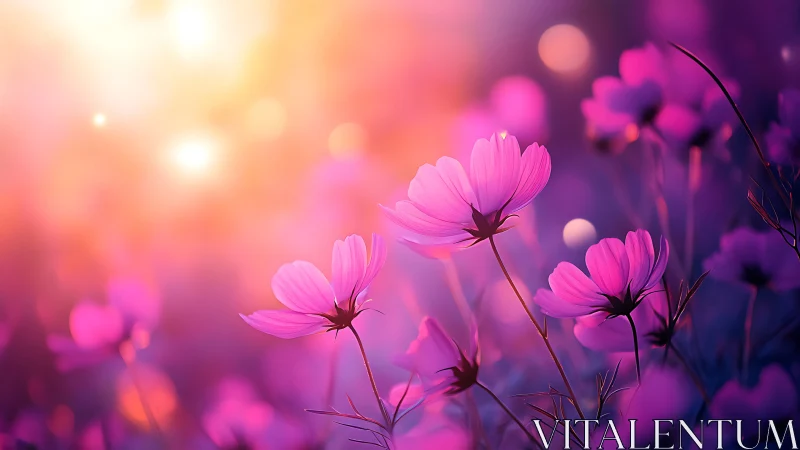 Pink cosmos flowers bloom in soft golden light.