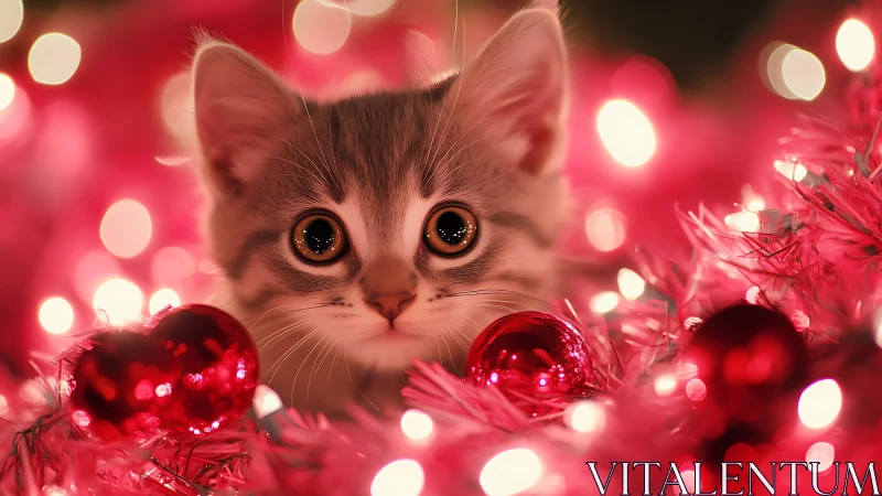 Gray kitten among pink Christmas lights and ornaments.