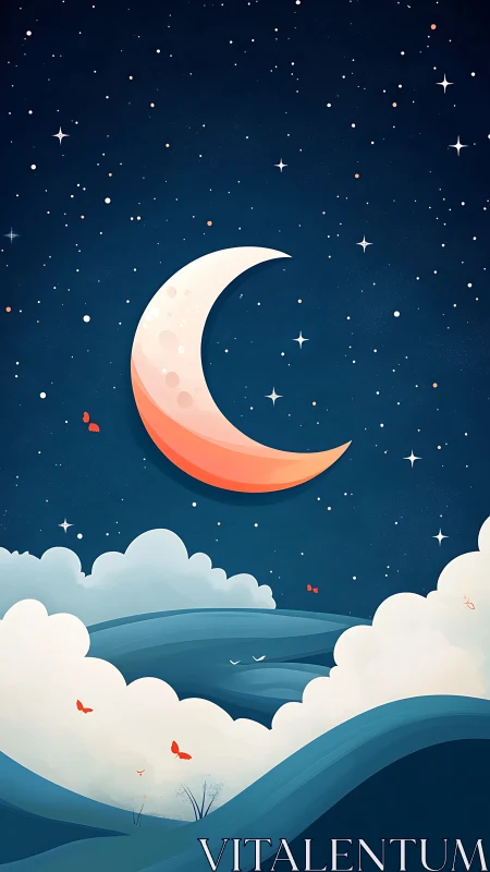 Crescent moon sails softly above rolling midnight clouds