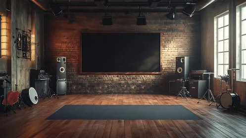 Industrial rehearsal studio with large screen and drums.