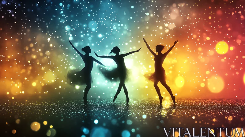 Three joyful ballerinas dance across glowing rainbow lights