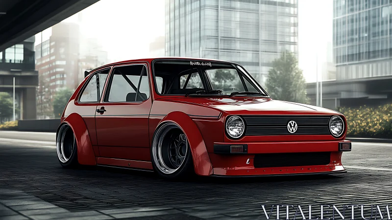 Modified red Volkswagen Golf parked in modern city street.