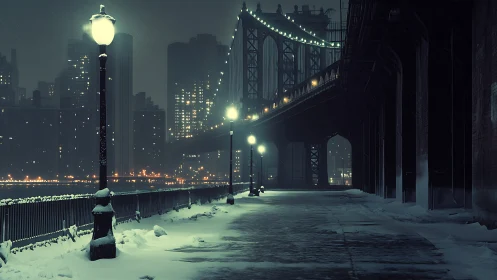 Snowy night waterfront under urban suspension bridge.