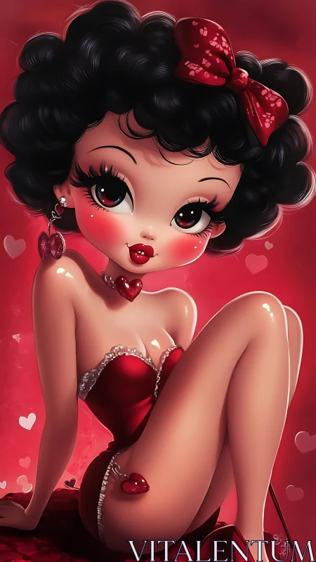Velvet pinup doll in candy-red hearts and glossy glow.