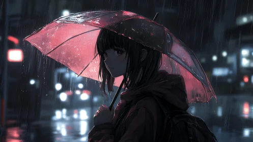 Rain-soaked urban night with girl under translucent pink umbrella