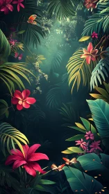 Dense tropical foliage frames a dimly lit central clearing