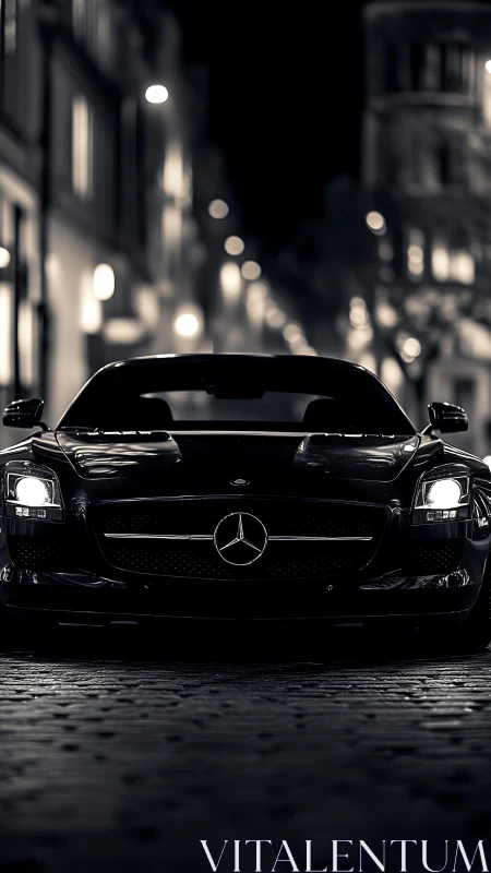 Nocturnal performance coupe on wet cobblestone boulevard.