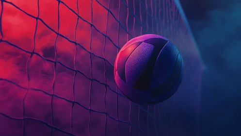 Glowing volleyball nestles into the net under neon night lights