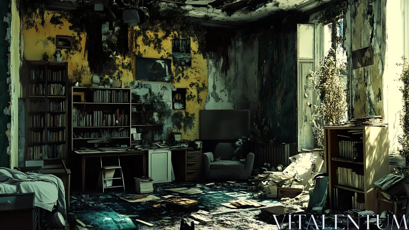 Library of ruins where sunlight sifts through quiet chaos.