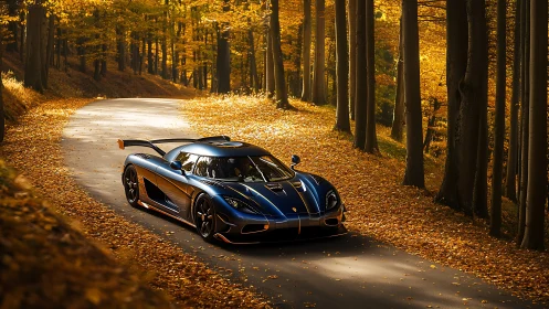 Blue sports car on forest road amid dense autumn foliage.