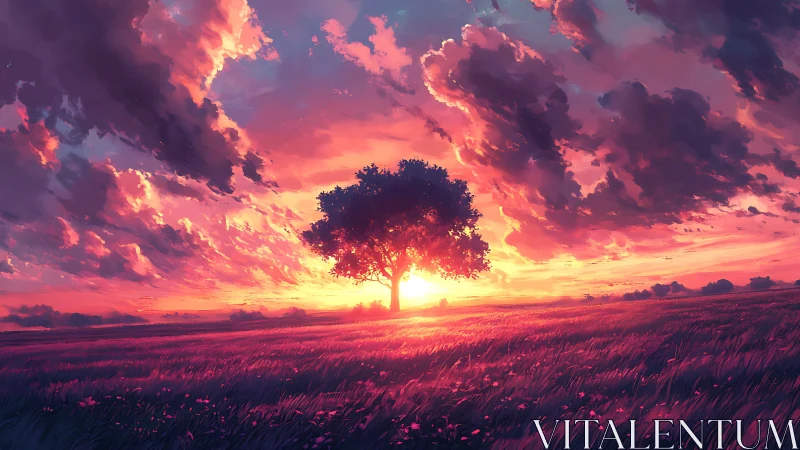 Solitary tree centered in wide sunset field digital art