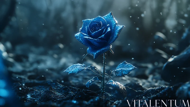 Cryogenic blue rose macro under cinematic volumetric bokeh.
