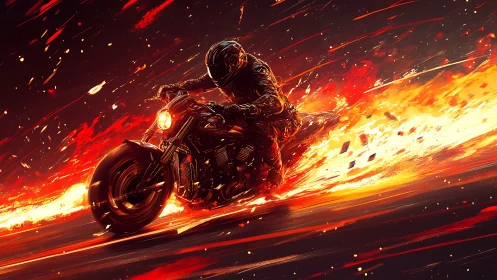 Motorcyclist leans into high-speed drift amid streaked plasma flames