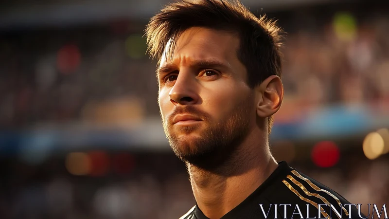 Stadium dusk crowns a focused footballer in amber light