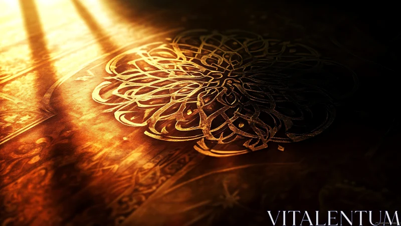 Golden light tracing delicate swirling arabesque patterns.