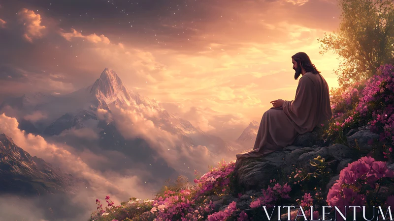 Robe-clad figure seated on flowered cliff at sunset.