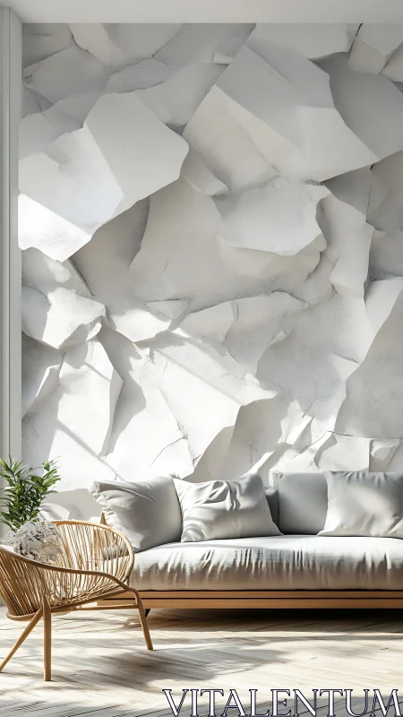 Sunlit modern sofa rests beneath sculptural white wall art