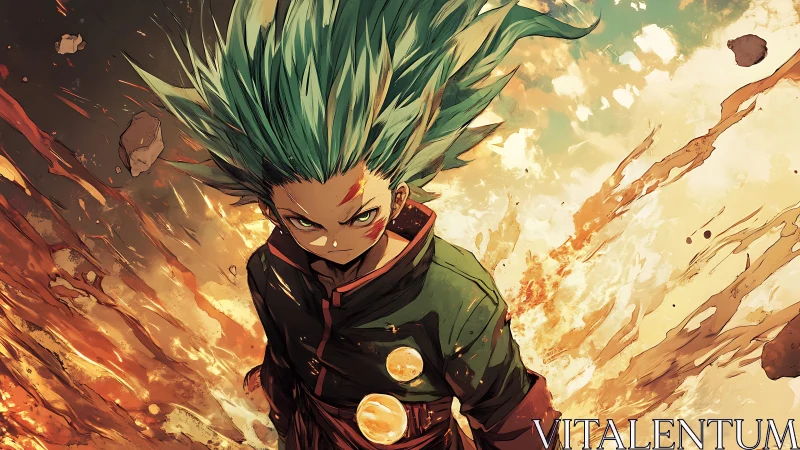 Dynamic anime hero amid explosive radial energy field.