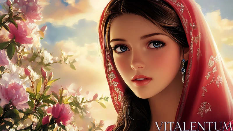 Digital portrait depicts veiled woman beside blooming flowers