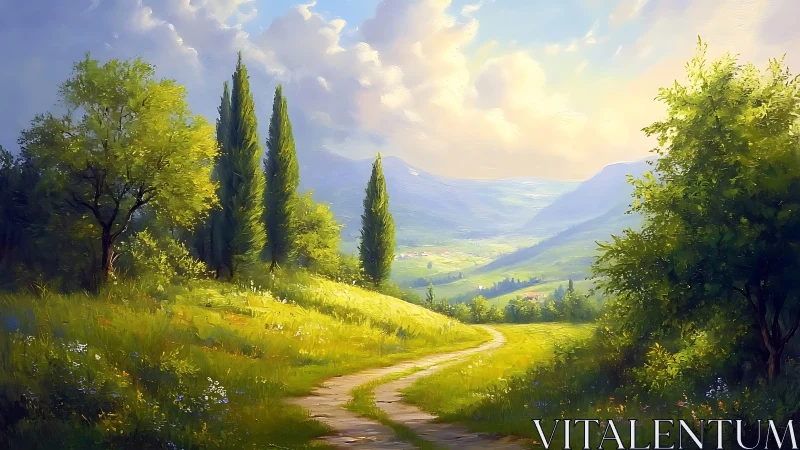 Oil landscape with winding country path and luminous valley light.