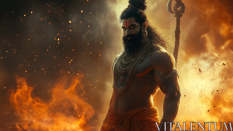 Warrior monk stands amid blazing fire and swirling embers.